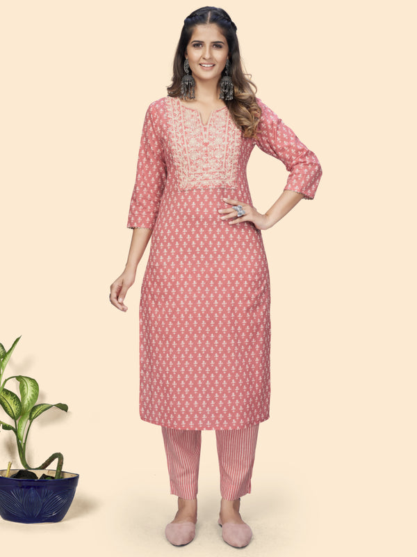 Peach Embroidered Straight Cotton Kurta With Pant