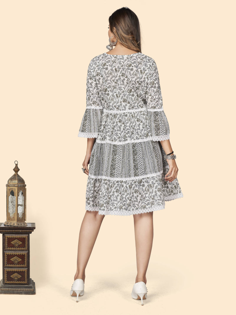 Grey Printed Flared Cotton Dress