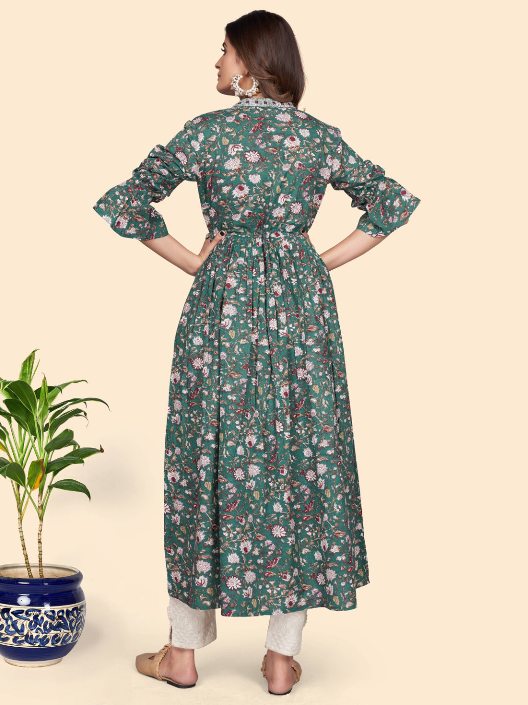 Aqua Printed A-Line Cotton Kurta