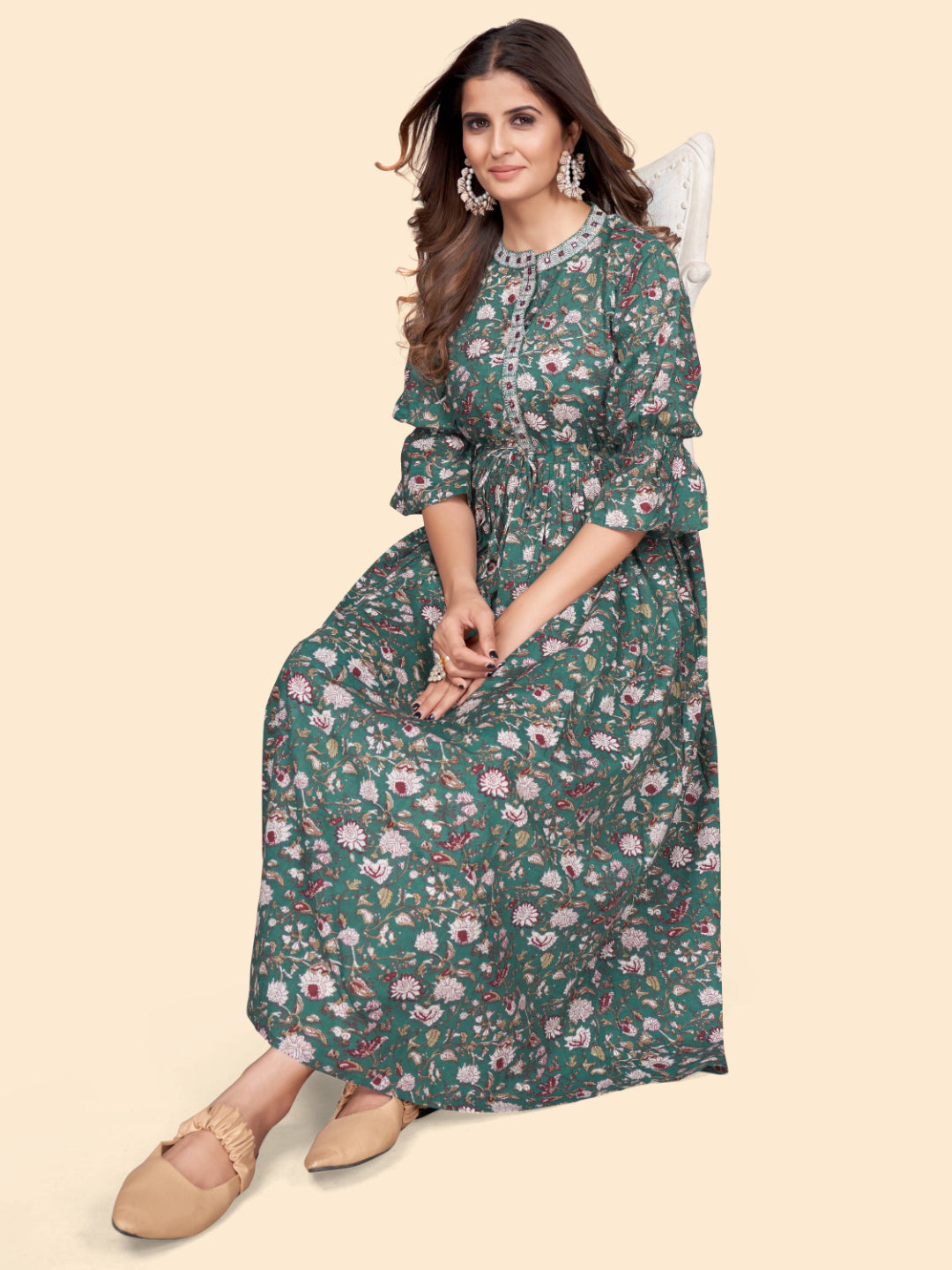 Aqua Printed A-Line Cotton Kurta