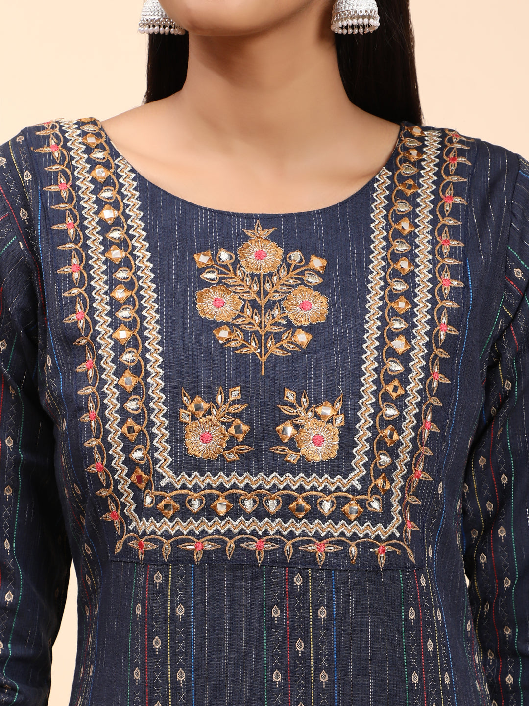 Blue Embroidered Straight Cotton Kurta Set