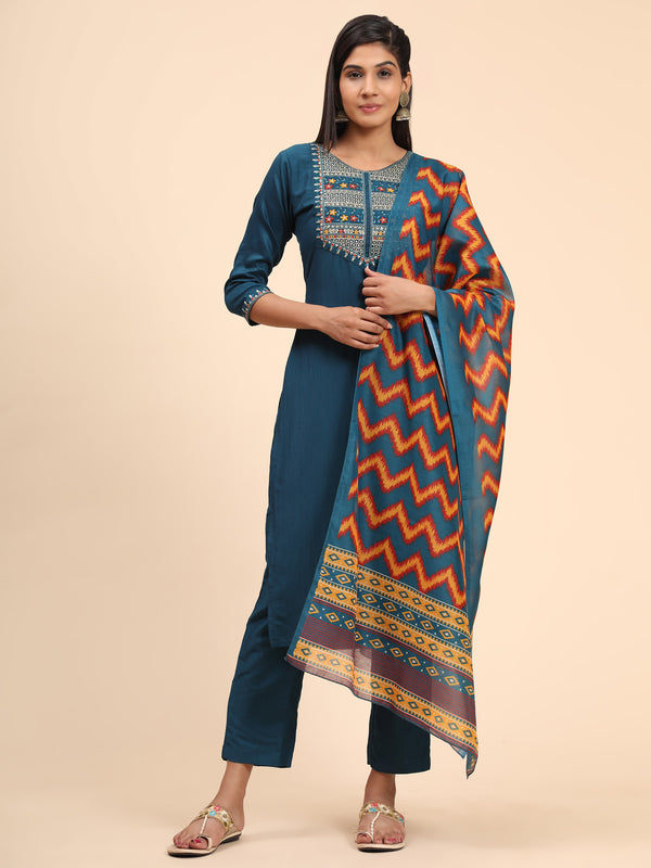 Blue Embroidered Straight Chinon Kurta Set