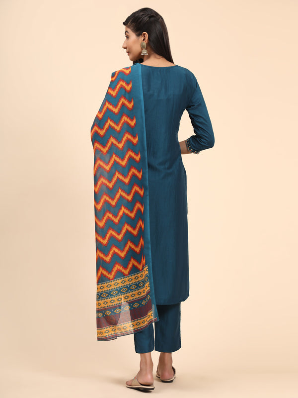 Blue Embroidered Straight Chinon Kurta Set