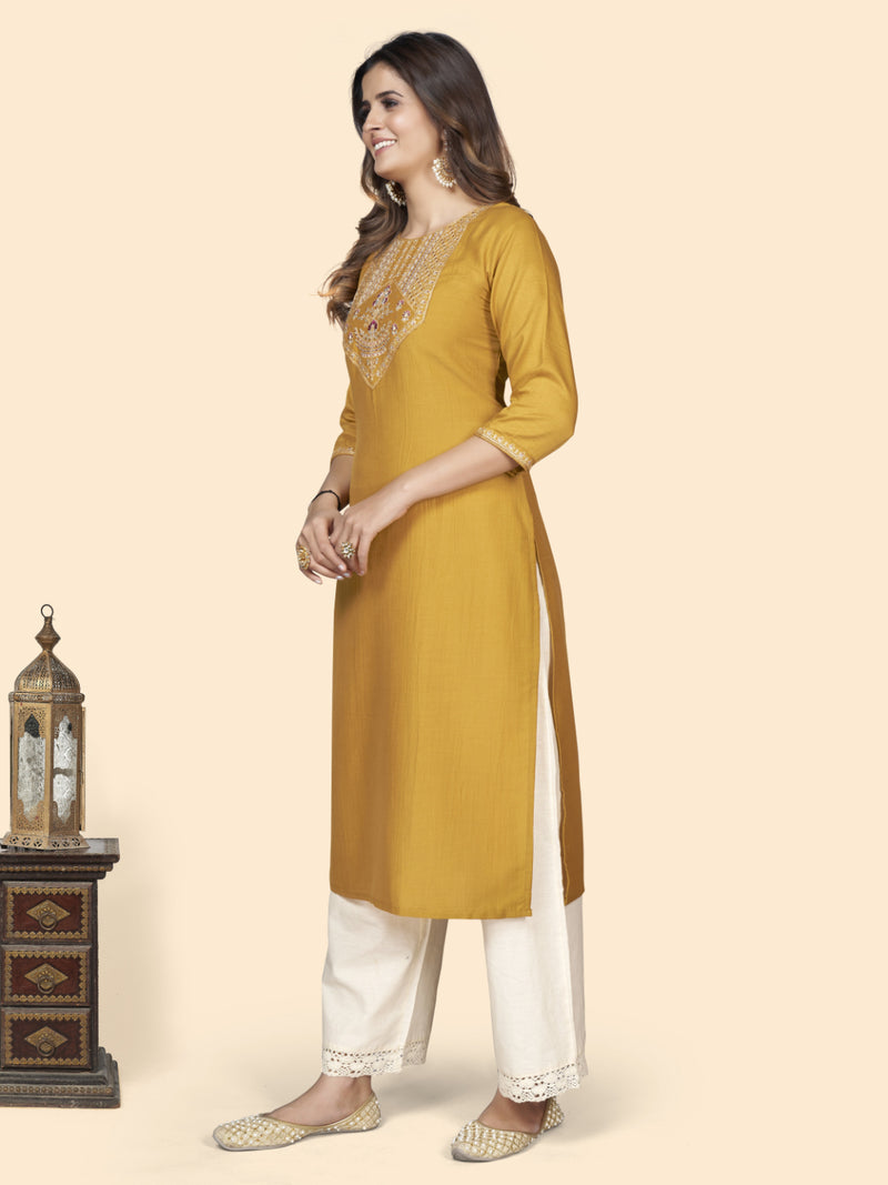 Yellow Embroidered Straight Chinon Kurta