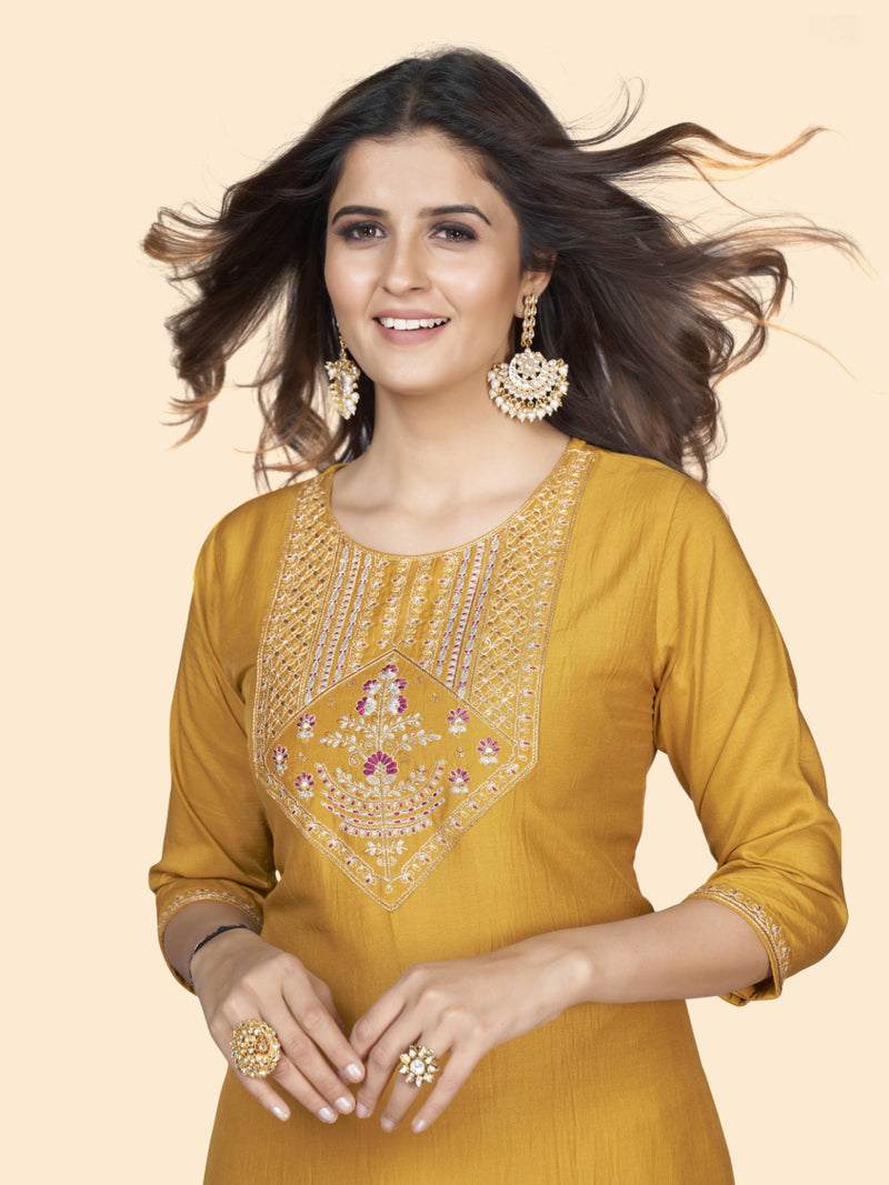 Yellow Embroidered Straight Chinon Kurta