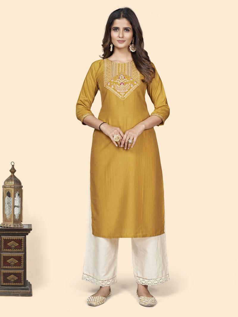 Yellow Embroidered Straight Chinon Kurta