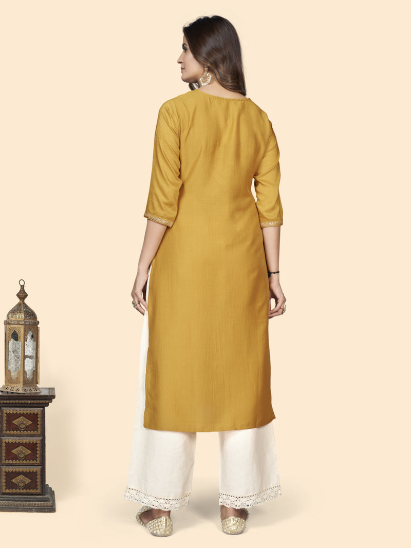 Yellow Embroidered Straight Chinon Kurta