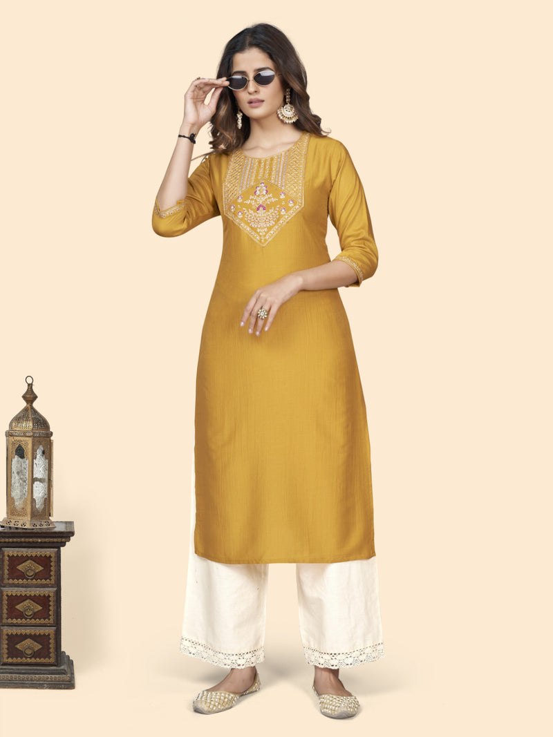 Yellow Embroidered Straight Chinon Kurta