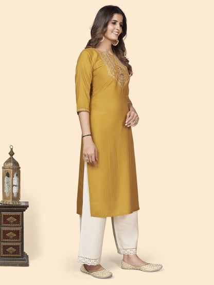 Yellow Embroidered Straight Chinon Kurta