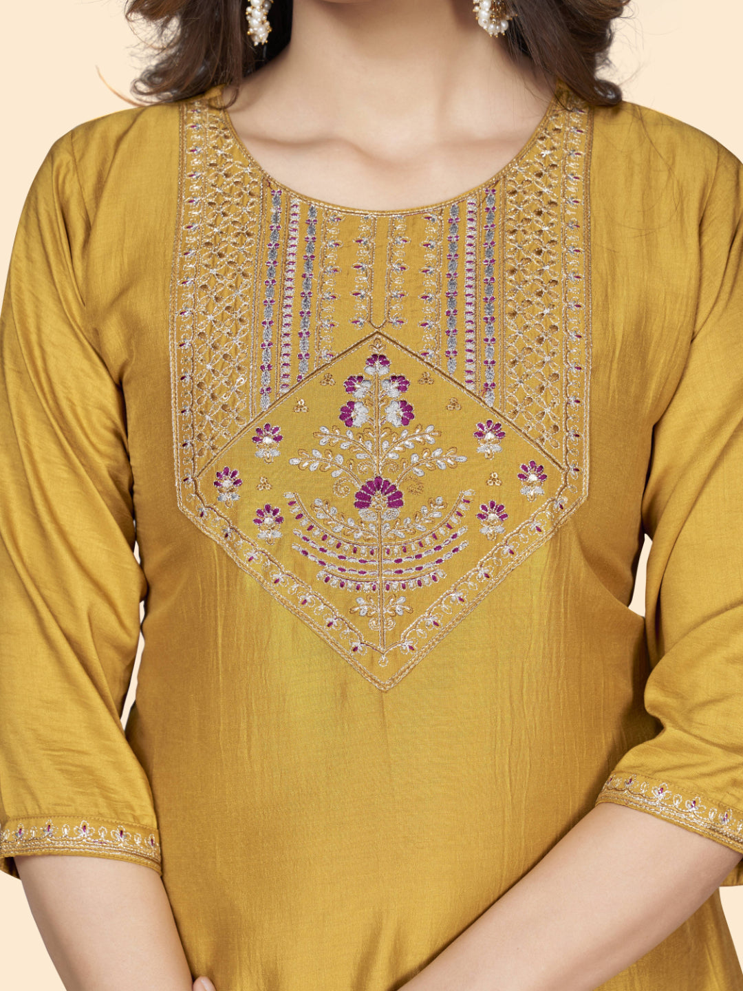 Yellow Embroidered Straight Chinon Kurta