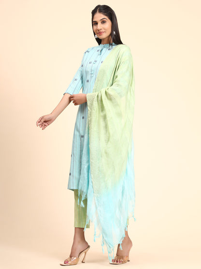 Sky Blue Printed Straight Cotton Blend Kurta Set