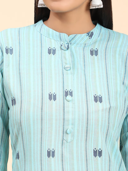 Sky Blue Printed Straight Cotton Blend Kurta Set