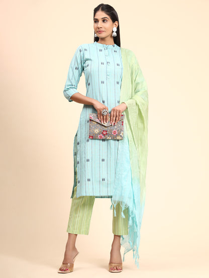 Sky Blue Printed Straight Cotton Blend Kurta Set