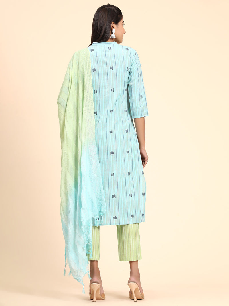 Sky Blue Printed Straight Cotton Blend Kurta Set