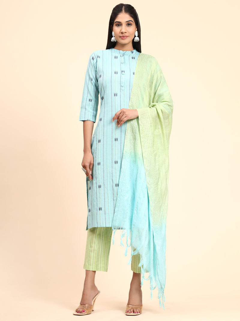 Sky Blue Printed Straight Cotton Blend Kurta Set