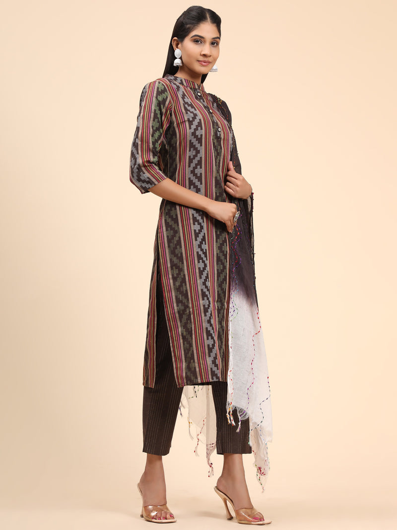 Brown Straight Cotton Blend Kurta Set