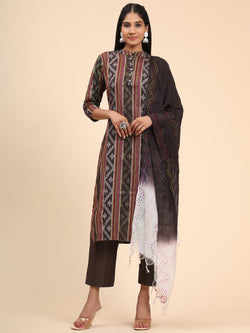 Brown Straight Cotton Blend Kurta Set