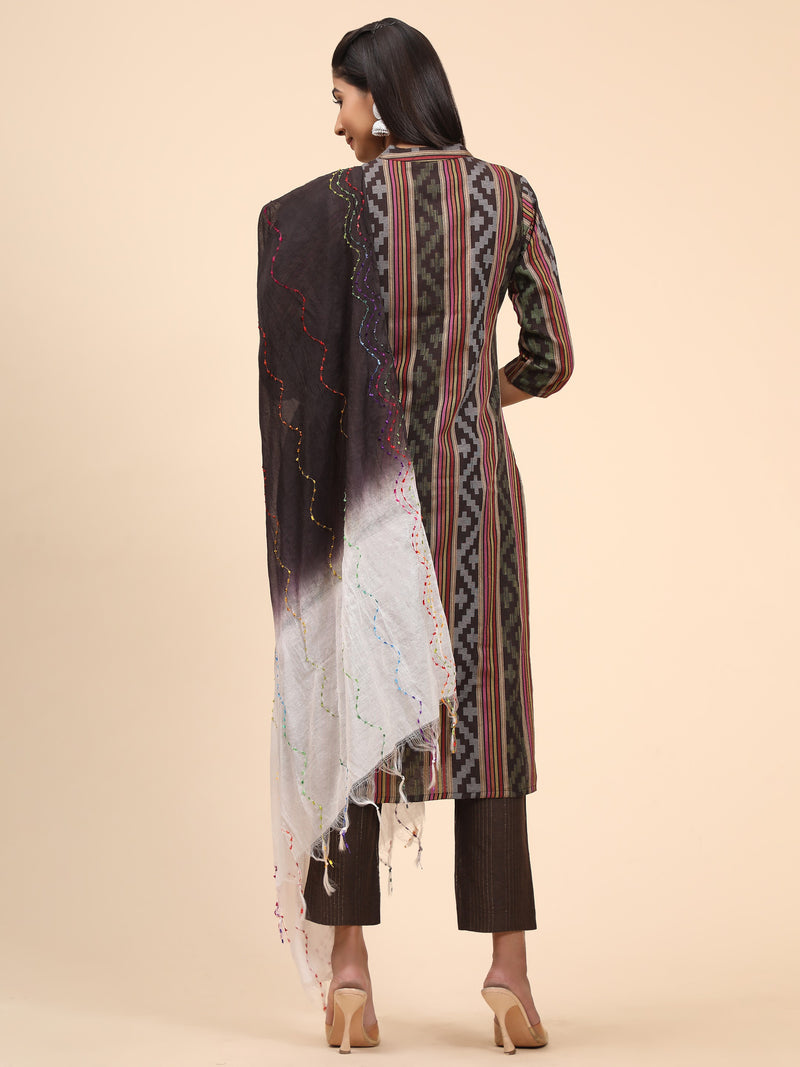 Brown Straight Cotton Blend Kurta Set