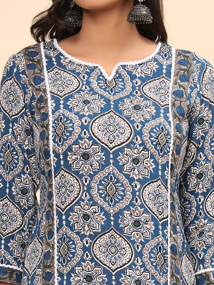 Blue Printed Straight Cotton Kurta