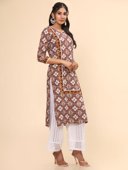 Red Printed Straight Cotton Kurta