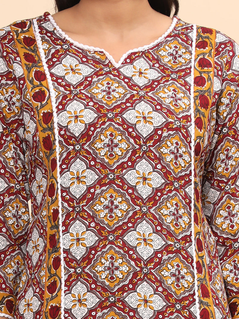 Red Printed Straight Cotton Kurta