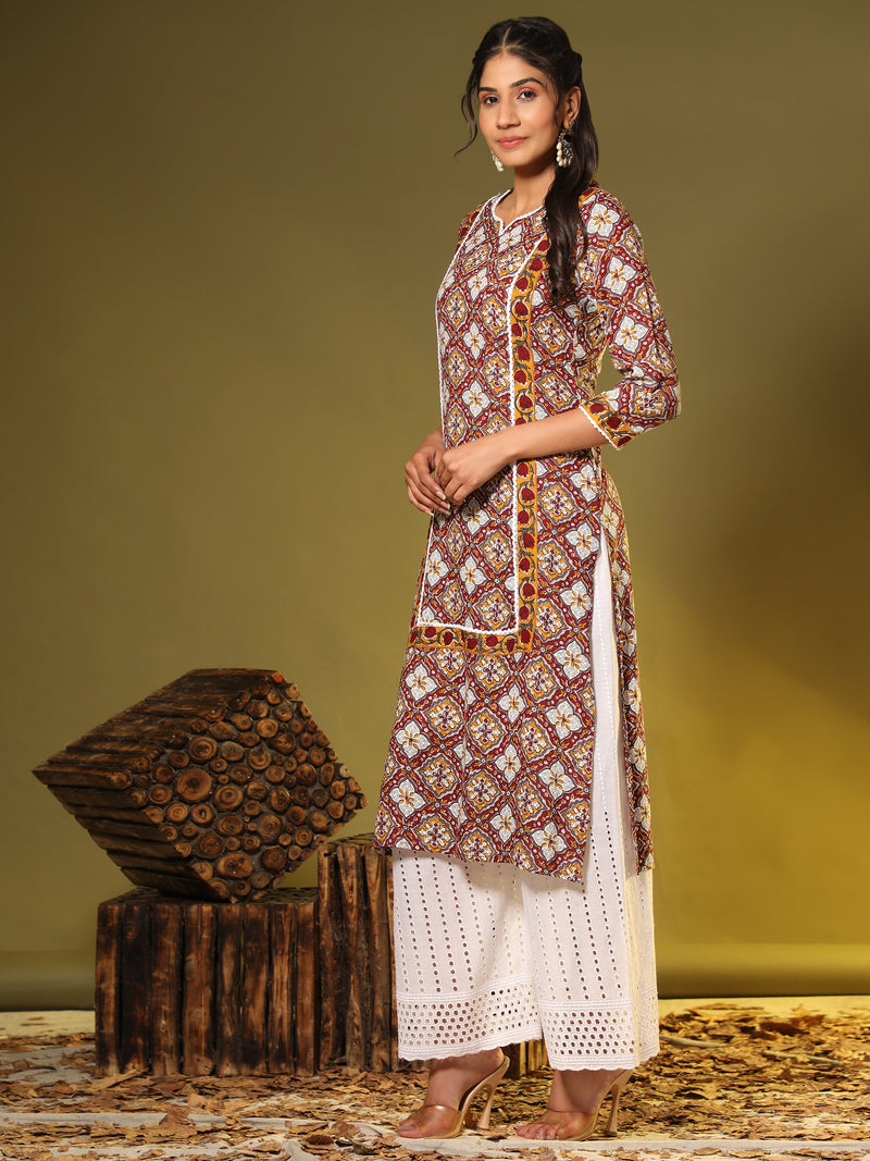 Red Printed Straight Cotton Kurta