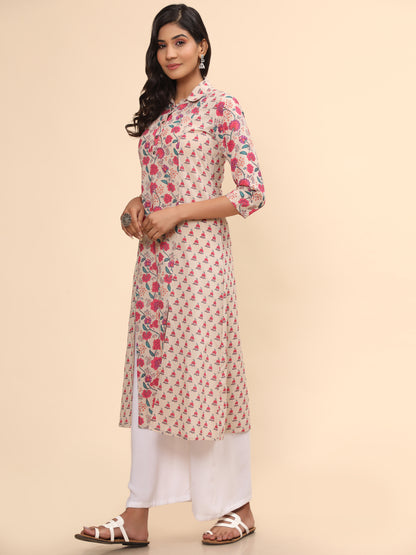 Pink Floral Print Straight Cotton Kurta