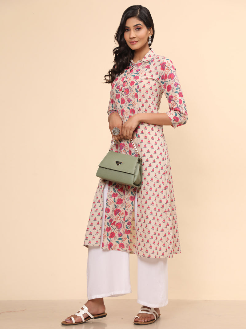 Pink Floral Print Straight Cotton Kurta