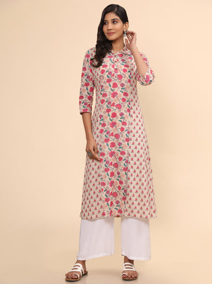 Pink Floral Print Straight Cotton Kurta