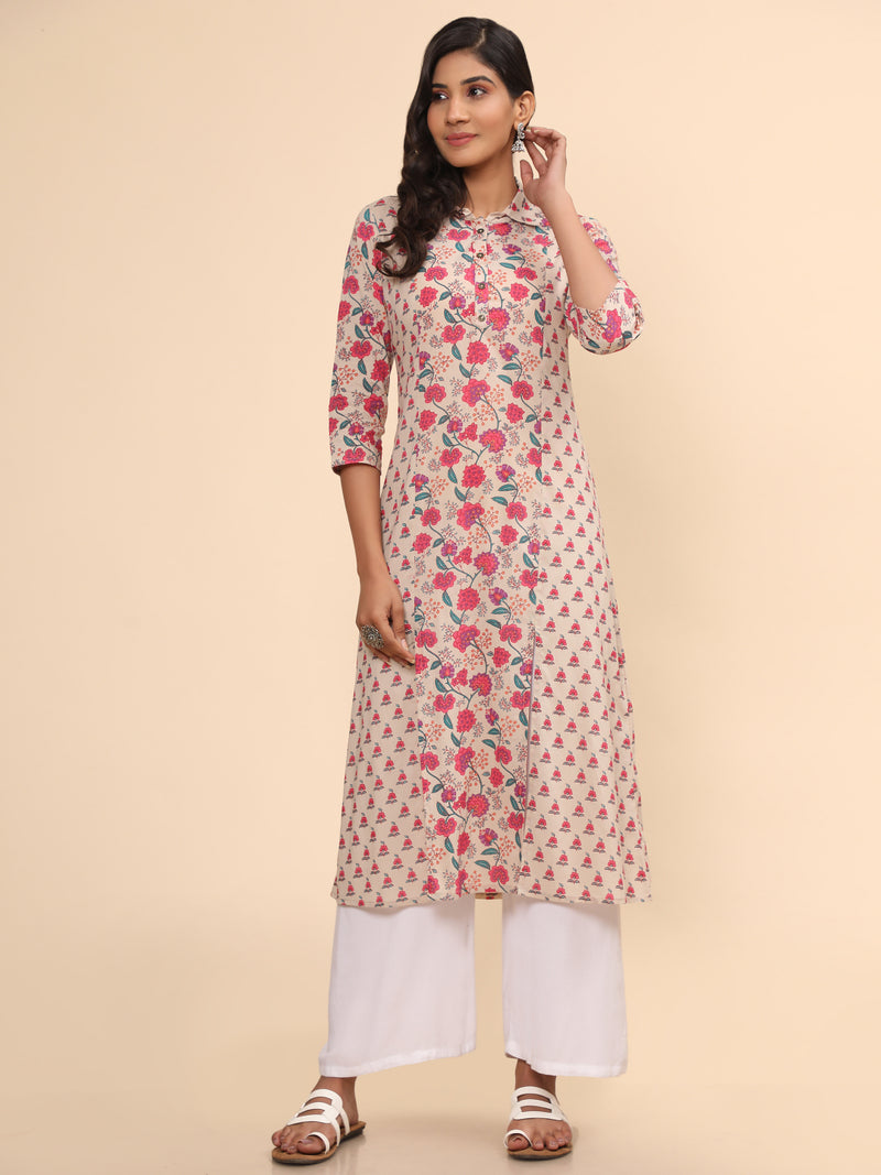 Pink Floral Print Straight Cotton Kurta