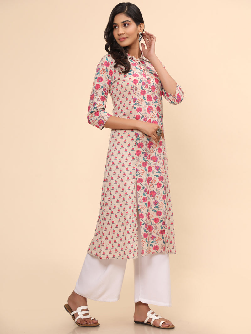 Pink Floral Print Straight Cotton Kurta