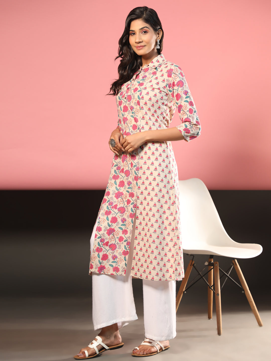 Pink Floral Print Straight Cotton Kurta