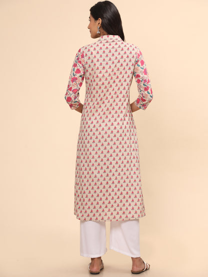 Pink Floral Print Straight Cotton Kurta