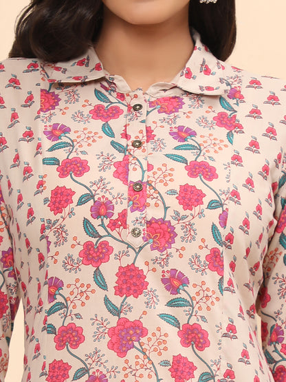 Pink Floral Print Straight Cotton Kurta