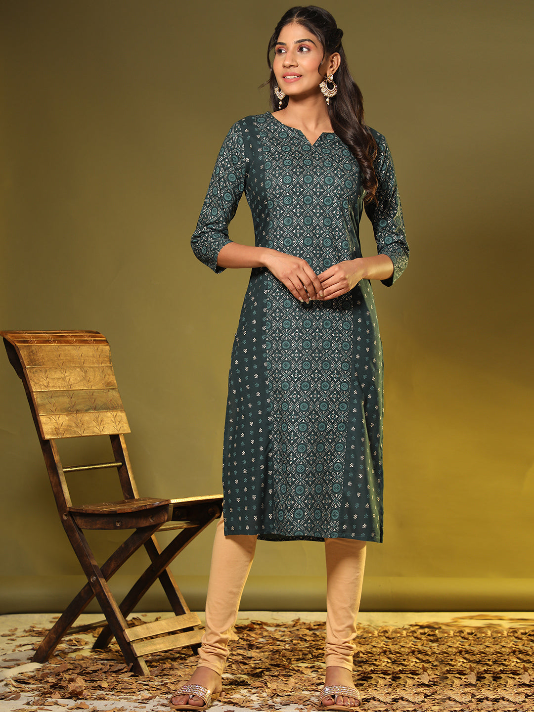 Green Foil Print Straight Rayon Kurta