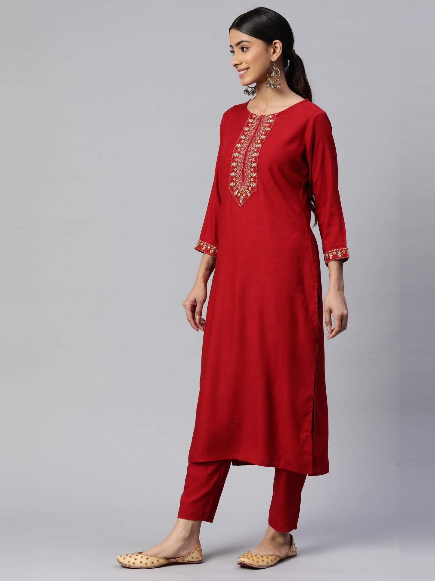 Red Straight Rayon Kurta Set