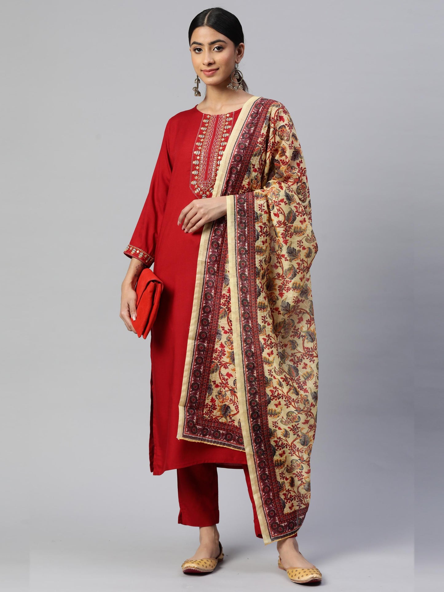 Red Straight Rayon Kurta Set