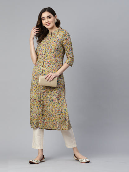 Yellow Rayon Floral Print A-Line Kurta