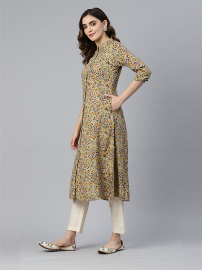 Yellow Rayon Floral Print A-Line Kurta