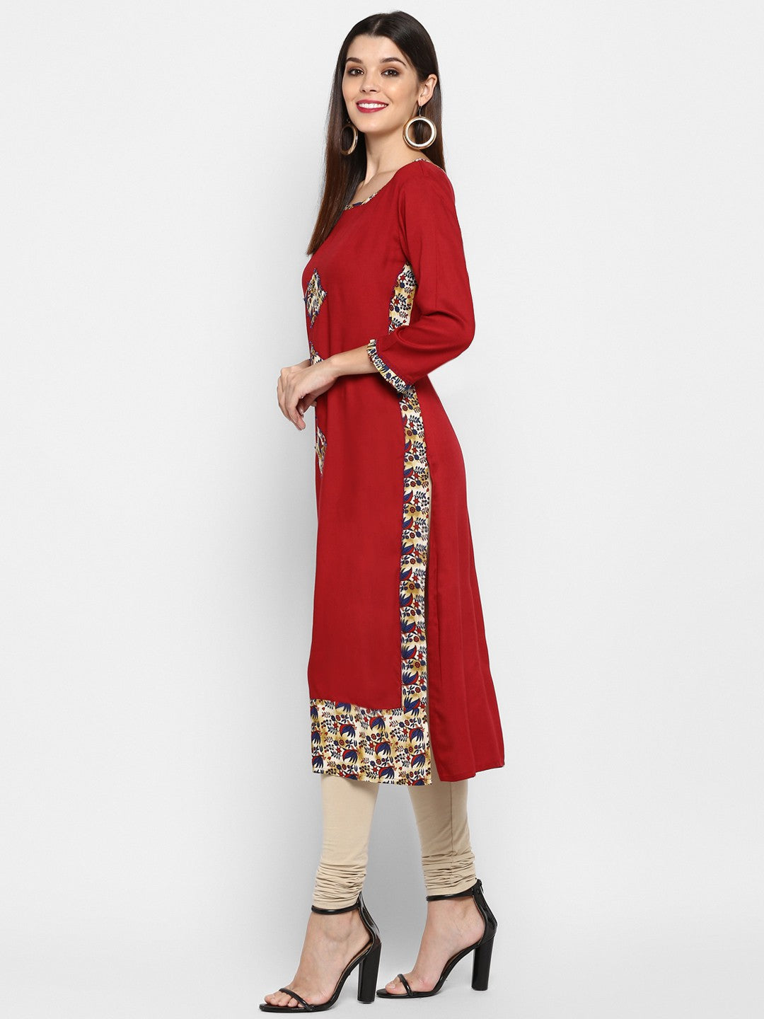 Maroon Printed Rayon Straight Kurti