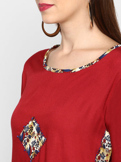 Maroon Printed Rayon Straight Kurti