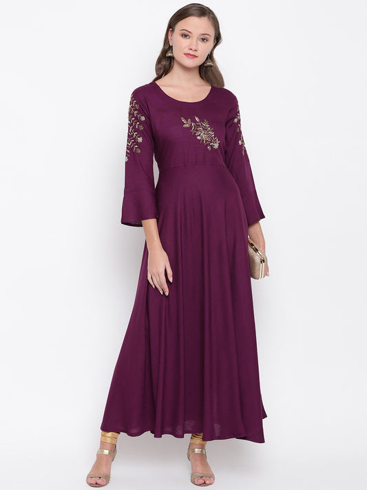 Purple Embellished Anarkali Rayon Dress