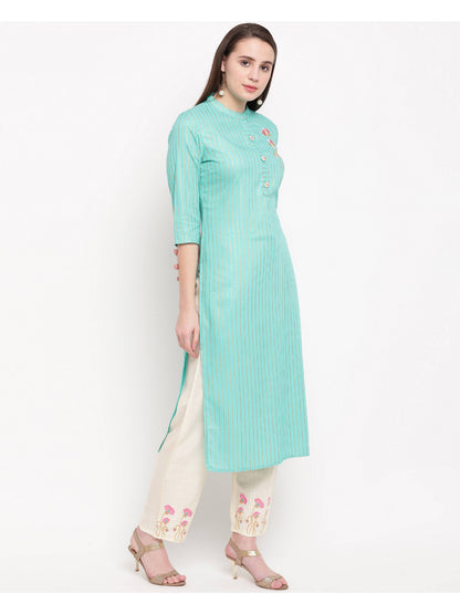 Sky Blue Embroidered Straight Rayon Kurti Set