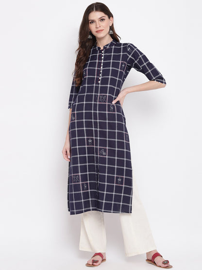 Navy Blue Printed Straight Cotton Kurti