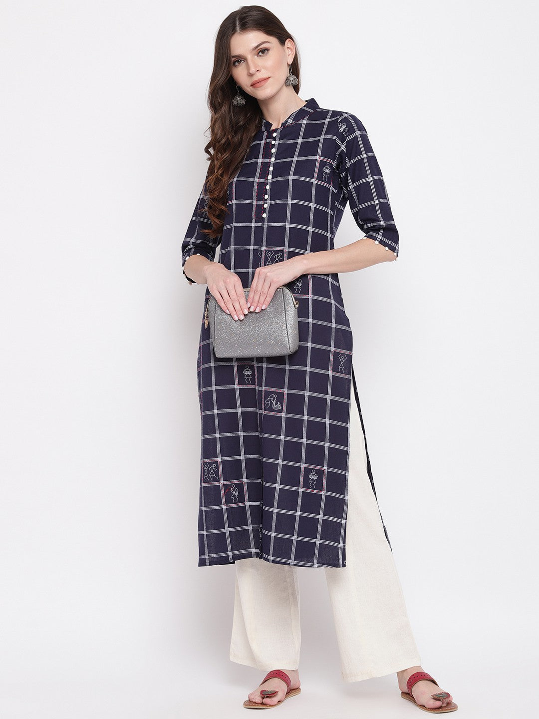 Navy Blue Printed Straight Cotton Kurti