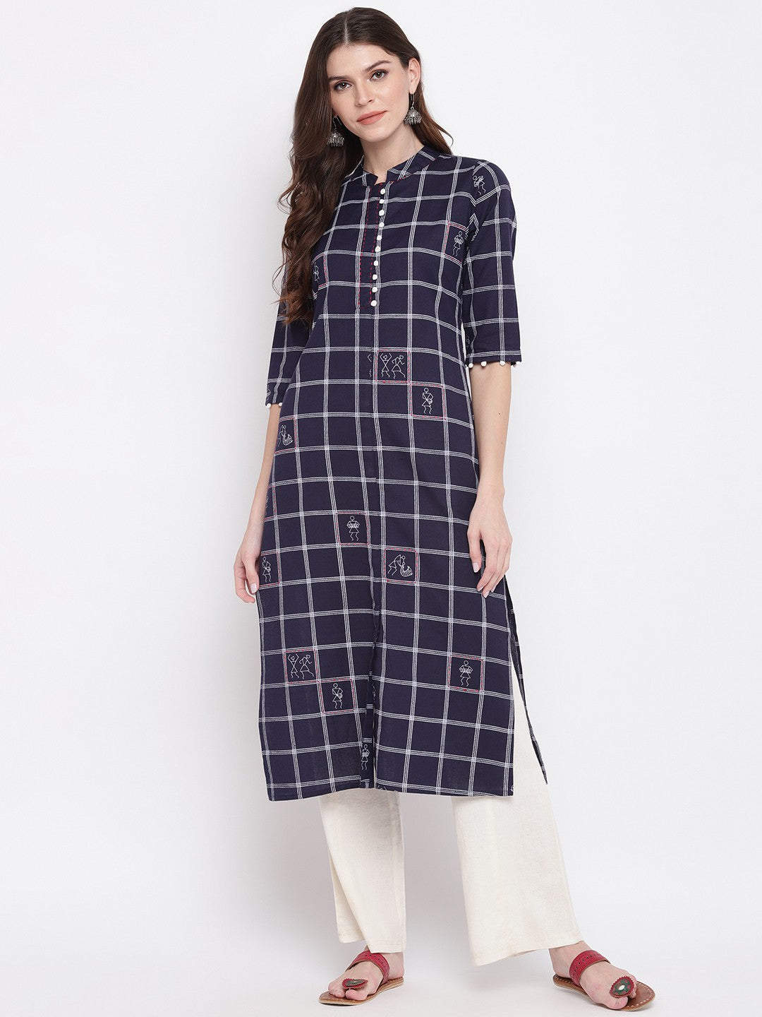 Navy Blue Printed Straight Cotton Kurti