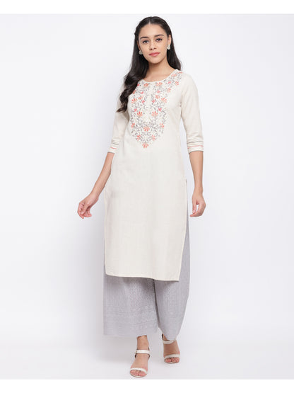 Off White Embroidered Straight Cotton Kurti