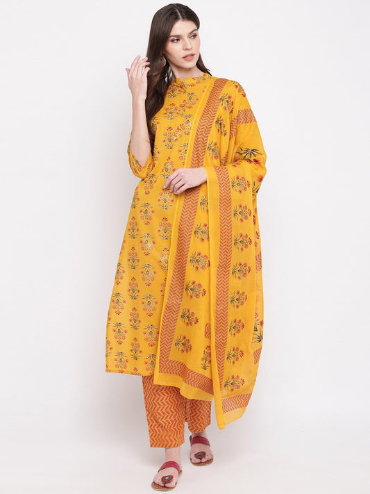 Yellow Embroidered Straight Cotton Kurti Set