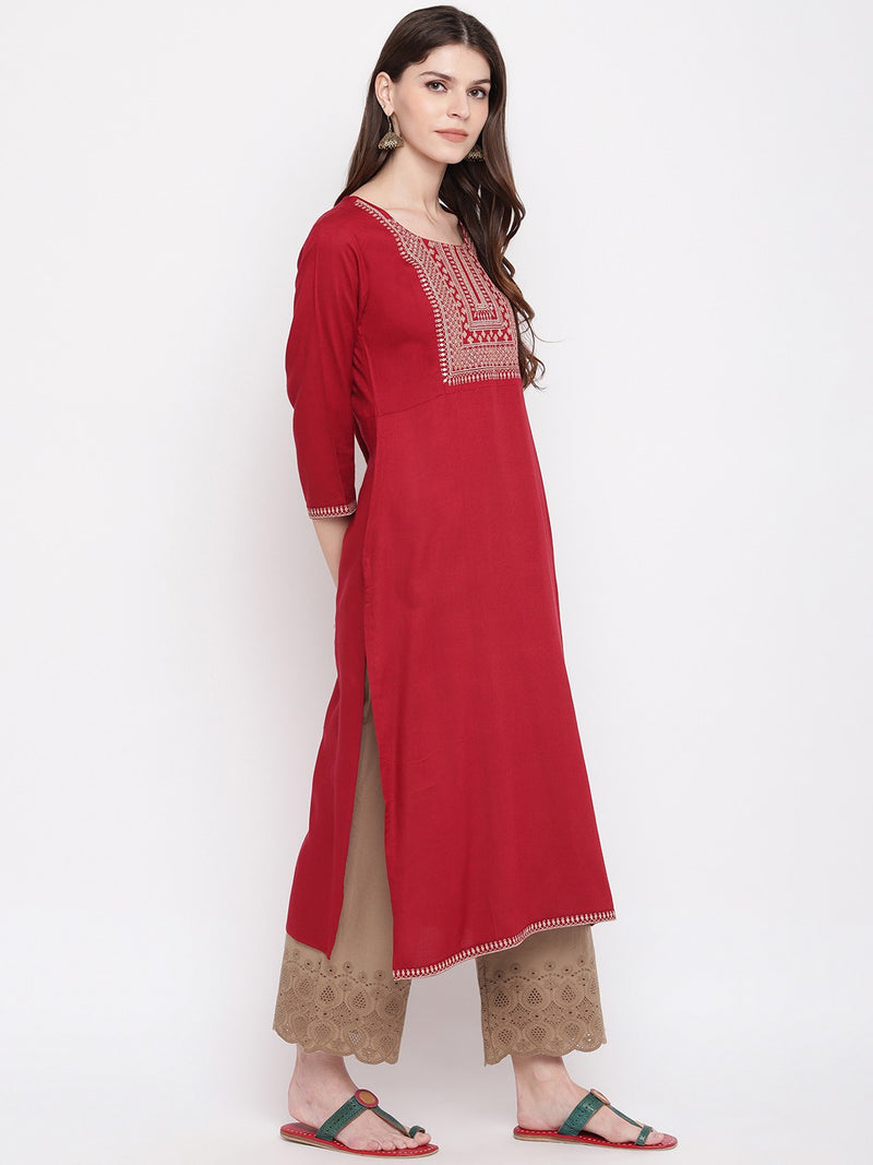 Maroon Embroiidered Straight Rayon Kurti