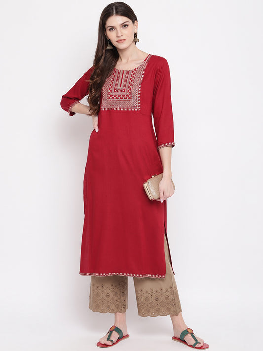 Maroon Embroiidered Straight Rayon Kurti